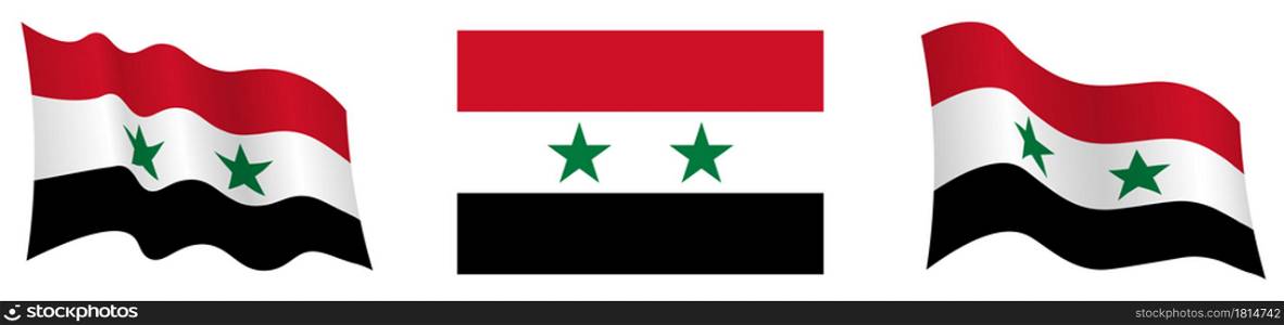 Syria flag in static position and in motion, fluttering in wind in exact colors and sizes, on white background