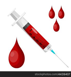 Syringe and a drop of blood on white background. Isolate. Disposable plastic syringe with a &#xA;needle for injection and a drop of blood. Cartoon style. Stock vector illustration