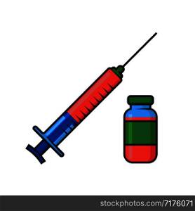 syringe and bottle with medicine in flat style. syringe and bottle with medicine in flat