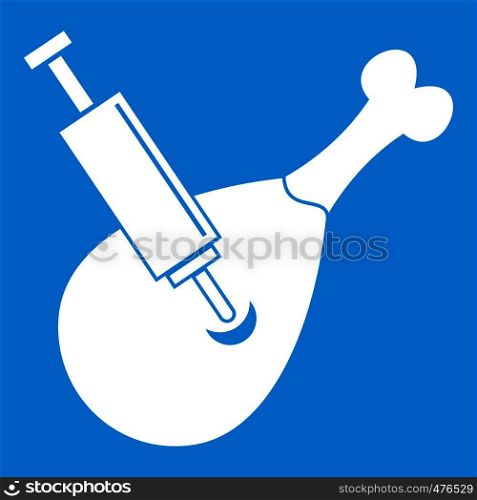 Syringe being injected to a piece of meat icon white isolated on blue background vector illustration. Syringe being injected to a piece of meat icon