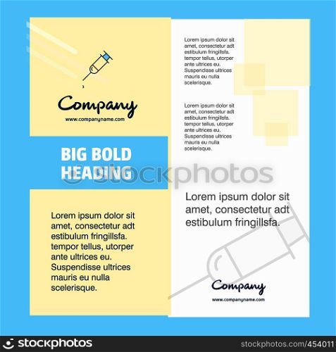 Syringe Company Brochure Title Page Design. Company profile, annual report, presentations, leaflet Vector Background