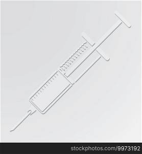 syringe cut out of paper style on gray background.