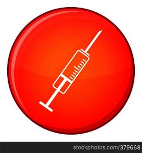 Syringe icon in red circle isolated on white background vector illustration. Syringe icon, flat style