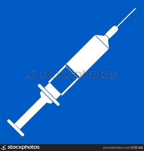 Syringe icon white isolated on blue background vector illustration. Syringe icon white