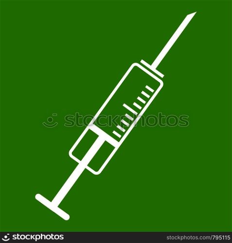 Syringe icon white isolated on green background. Vector illustration. Syringe icon green