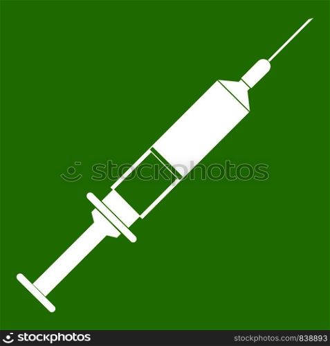Syringe icon white isolated on green background. Vector illustration. Syringe icon green