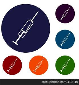 Syringe icons set in flat circle reb, blue and green color for web. Syringe icons set