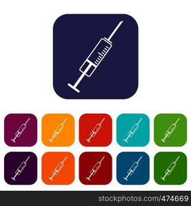 Syringe icons set vector illustration in flat style In colors red, blue, green and other. Syringe icons set