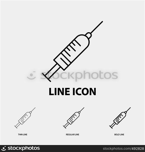 syringe, injection, vaccine, needle, shot Icon in Thin, Regular and Bold Line Style. Vector illustration. Vector EPS10 Abstract Template background