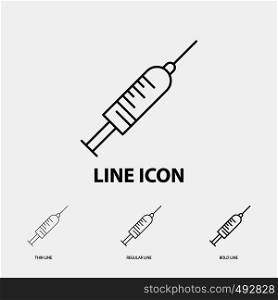syringe, injection, vaccine, needle, shot Icon in Thin, Regular and Bold Line Style. Vector illustration. Vector EPS10 Abstract Template background