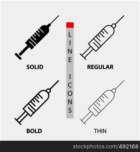 syringe, injection, vaccine, needle, shot Icon in Thin, Regular, Bold Line and Glyph Style. Vector illustration. Vector EPS10 Abstract Template background