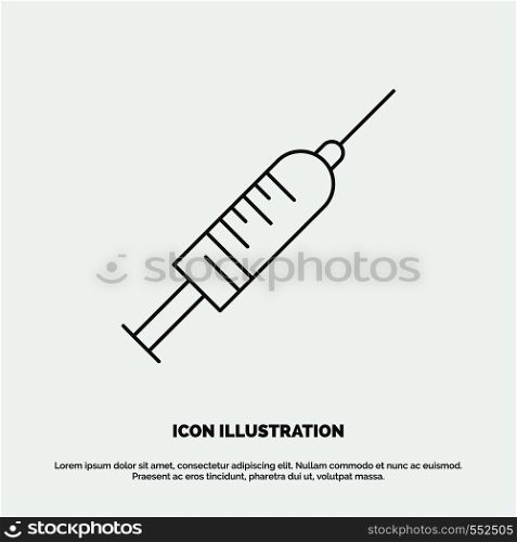 syringe, injection, vaccine, needle, shot Icon. Line vector gray symbol for UI and UX, website or mobile application. Vector EPS10 Abstract Template background