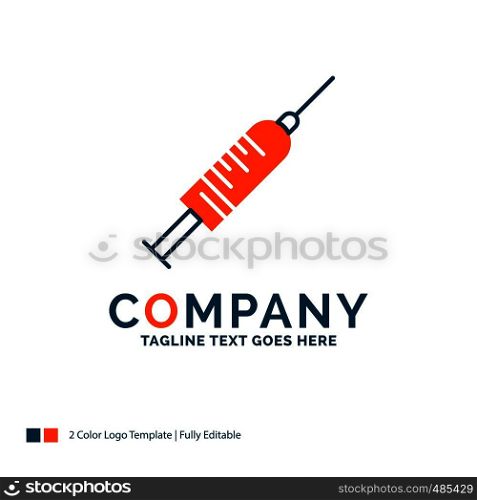 syringe, injection, vaccine, needle, shot Logo Design. Blue and Orange Brand Name Design. Place for Tagline. Business Logo template.
