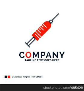 syringe, injection, vaccine, needle, shot Logo Design. Blue and Orange Brand Name Design. Place for Tagline. Business Logo template.