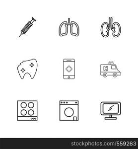 syringe , lungs , kidneys , teeth , mobile , ambulance , tv, icon, vector, design, flat, collection, style, creative, icons