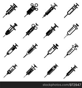 Syringe needle injection icons set. Simple illustration of 16 syringe needle injection vector icons for web. Syringe needle injection icons set, simple style