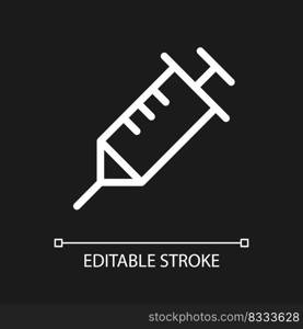 Syringe pixel perfect white linear ui icon for dark theme. Regular vaccination and immunization. Vector line pictogram. Isolated user interface symbol for night mode. Editable stroke. Arial font used. Syringe pixel perfect white linear ui icon for dark theme