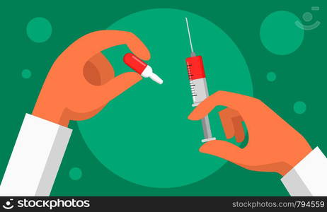 Syringe preparing for injection banner. Flat illustration of syringe preparing for injection vector banner for web design. Syringe preparing for injection banner, flat style