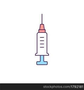 Syringe RGB color icon. Isolated vector illustration. Consumable medical supplies. Vaccination in vulnerable areas. Humanitarian aid medical equipment. Injection tool. Simple filled line drawing. Syringe RGB color icon. Isolated vector illustration.