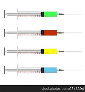 Syringe set of vector flat isolated on white background. Syringe with needle for medical drug injection, collection of vaccine for care and treatment. Vector illustration immunization syringe. Syringe set of vector flat isolated on white background