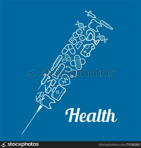 Syringe shape with needle with health care icons. Tooth and pill, heart and pulse, stethoscope and doctor, medic and ambulance, thermometer and flask thin line icons. Health care icons in syringe shape