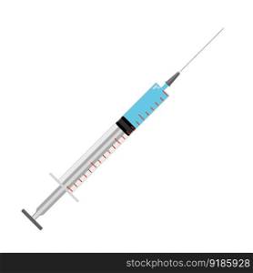 Syringe vector flat isolated on white background. Syringe with needle for medical drug injection, vaccine for care and treatment. Vector illustration. Syringe vector flat isolated on white background
