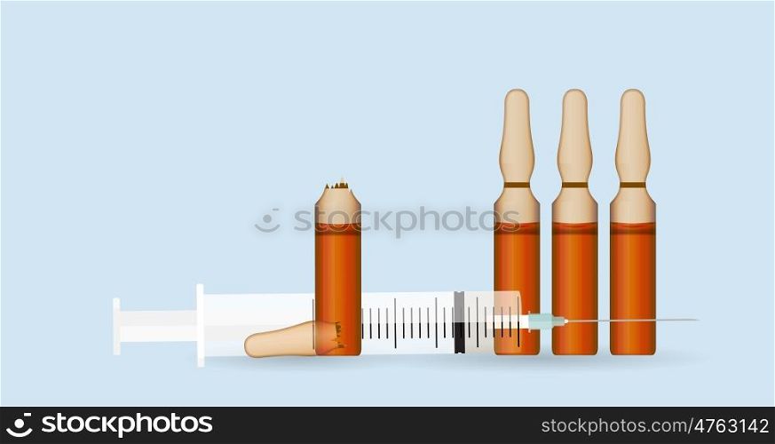 Syringe with Transparent ampoule with substance on blue background. Vector Illustration. EPS10. Syringe with Transparent ampoule and substance on blue background