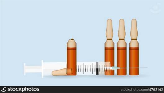 Syringe with Transparent ampoule with substance on blue background. Vector Illustration. EPS10. Syringe with Transparent ampoule and substance on blue background