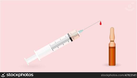 Syringe with Transparent ampoule with substance on pink background. Vector Illustration. EPS10. Syringe with Transparent ampule and substance on pink background