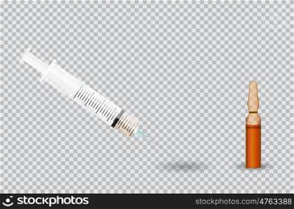 Syringe with Transparent ampoule with substance on transparent background. Vector Illustration. EPS10. Syringe with Transparent ampule and substance on background