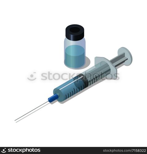 Syringe with vaccine bottle isolated on white background. Isometric vector medical illustration.