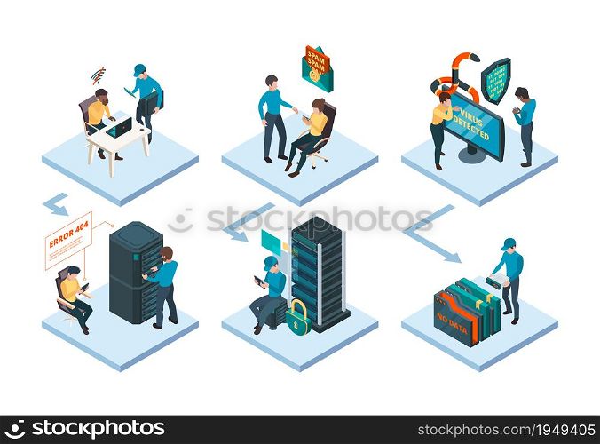 Sysadmin helping. Digital data network worker safe protect security software technician worker garish vector isometric illustration. Computing data network, automation connection control. Sysadmin helping. Digital data network worker safe protect security software technician worker garish vector isometric illustration