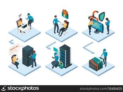 Sysadmin helping. Digital data network worker safe protect security software technician worker garish vector isometric illustration. Computing data network, automation connection control. Sysadmin helping. Digital data network worker safe protect security software technician worker garish vector isometric illustration