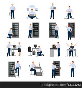 System Administrator Icons Set. System administrator flat icons set of server racks and network engineers involved in maintenance of system modules isolated vector illustration