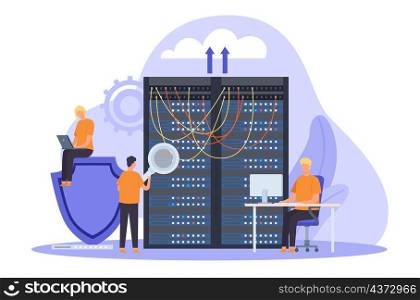 System administrator, server maintain, support and security concept. Cloud network storage technology, sysadmin fixing servers vector banner. Illustration of data hardware system and server. System administrator, server maintain, support and security concept. Cloud network storage technology, sysadmin fixing servers vector banner