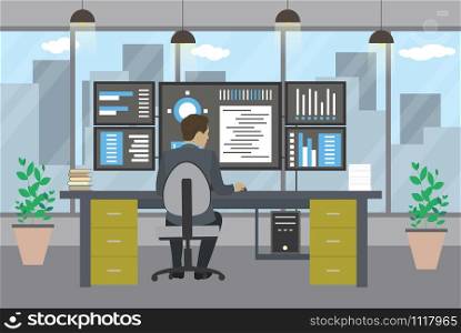 System Administrator working in modern office,workplace interior with furniture,office worker back view,flat vector illustration. System Administrator working in modern office