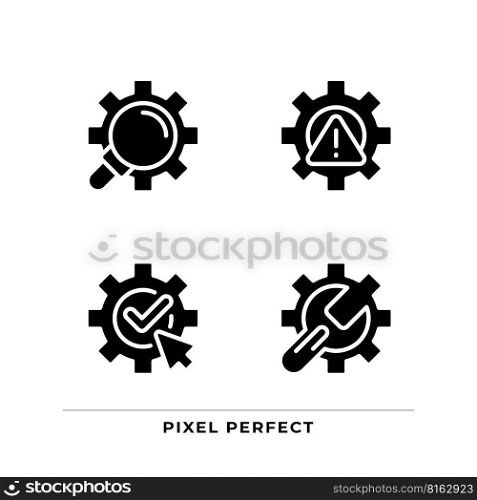 System changes black glyph icons set on white space. Extended search. Complete and save changes. Technical repair. Silhouette symbols. Solid pictogram pack. Vector isolated illustration. System changes black glyph icons set on white space