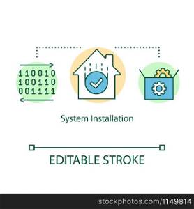 System installation concept icon. Smart home automation technology development. Setup house digital system idea thin line illustration. Vector isolated outline drawing. Editable stroke