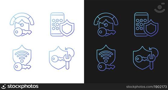 System password gradient icons set for dark and light mode. Smartphone lock. Wifi protection. Thin line contour symbols bundle. Isolated vector outline illustrations collection on black and white. System password gradient icons set for dark and light mode