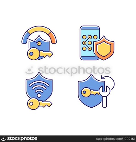 System password RGB color icons set. Smartphone lock. Wifi protection. System security. Cracker app for password management. Isolated vector illustrations. Simple filled line drawings collection. System password RGB color icons set