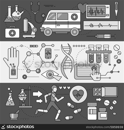System technology for health research. Laboratory biology and chemical, analysis human, microscope and diagnosis, biotechnology and scan mhealth and pharmacology illustration. Set of thin, lines icons