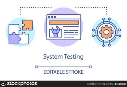 System testing concept icon. Examine computer components idea thin line illustration. Software testing process. Indicating issues and problems. Vector isolated outline drawing. Editable stroke