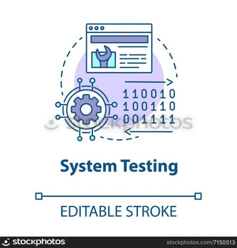 System testing concept icon. Software development stage idea thin line illustration. Application perfomance verification. IT project managment. Vector isolated outline drawing. Editable stroke
