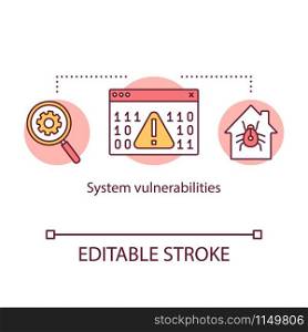 System vulnerabilities concept icon. Search for software bugs and virus protection. Home network defence idea thin line illustration. Vector isolated outline drawing. Editable stroke