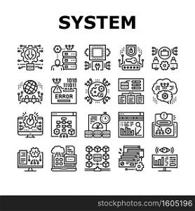 System Work Process Collection Icons Set Vector. Integration And Administrator, Engineering And Security, Network And Technology System Black Contour Illustrations. System Work Process Collection Icons Set Vector