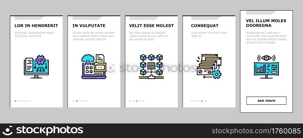 System Work Process Onboarding Mobile App Page Screen Vector. Integration And Administrator, Engineering And Security, Network And Technology System Illustrations. System Work Process Onboarding Icons Set Vector