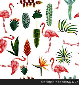 systematic ordered tropical green leaves, flowers, cactus and pink flamingo on white background. Seamless vector wallpaper pattern