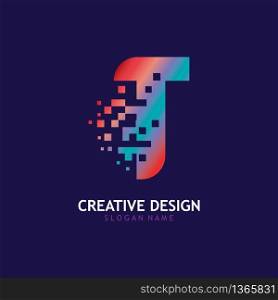 T Initial Letter Logo Design with Digital Pixels in Gradient Colors