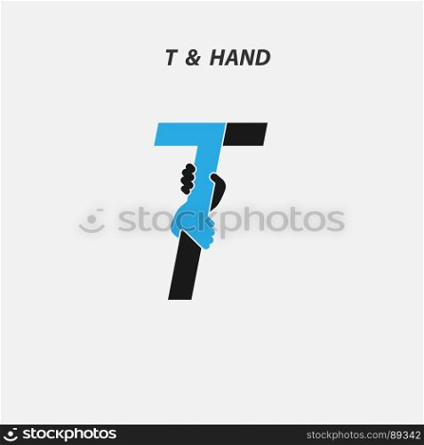 T - Letter abstract icon & hands logo design vector template.Italic style.Business offer,Partnership,Hope,Help,Support,Teamwork sign.Corporate business & education logotype symbol.Vector illustration