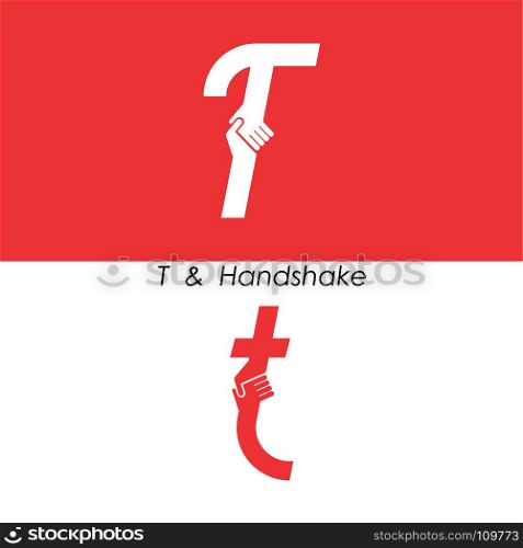 T - Letter abstract icon & hands logo design vector template.Teamwork and Partnership concept.Business offer and Deal symbol.Vector illustration